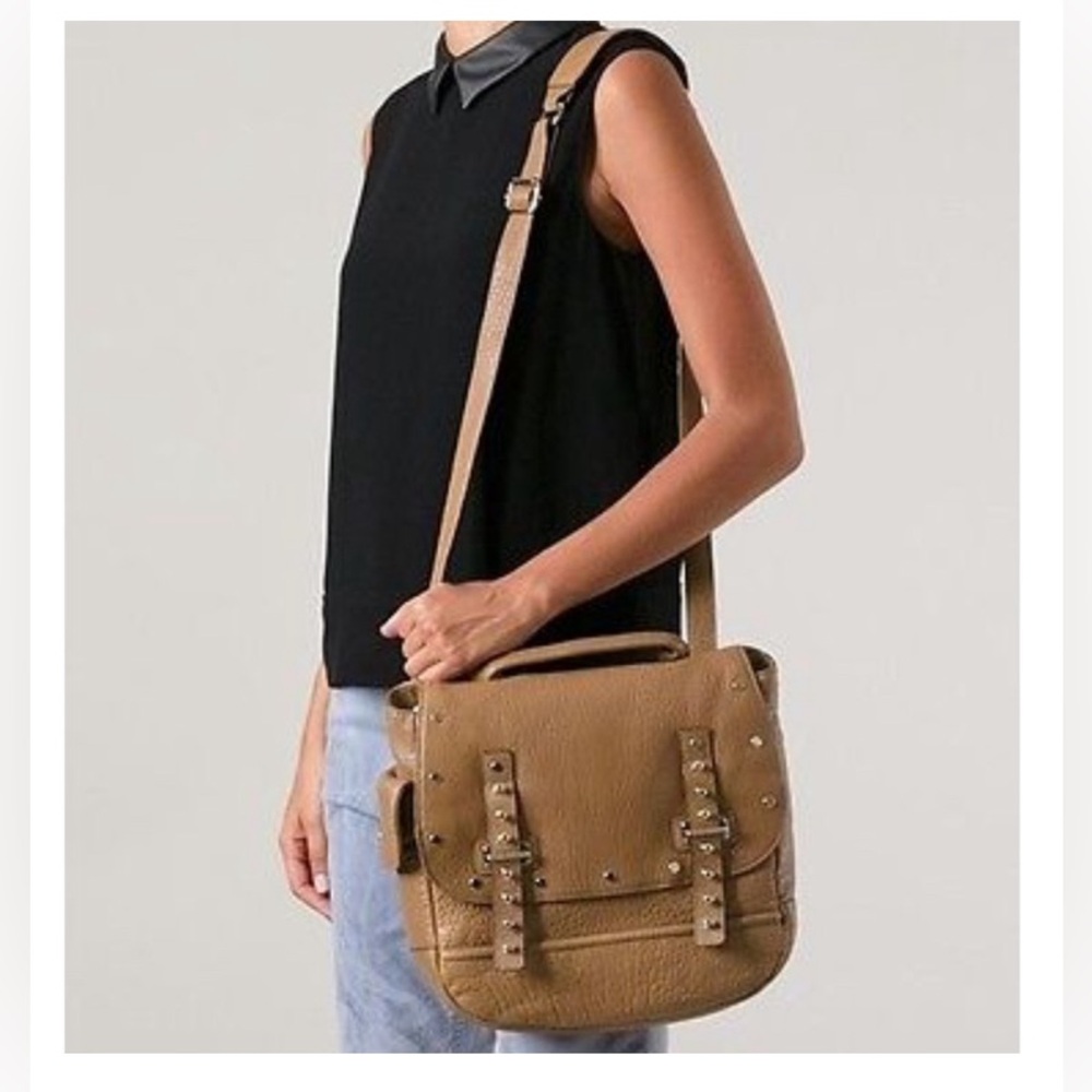 REBECCA MINKOFF LOGAN BROWN LEATHER STUDDED SATCHEL CROSSBODY BAG